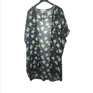 Truth NYC Sheer Floral Kimono Cover-Up Black 1X Plus Size Boho Layering